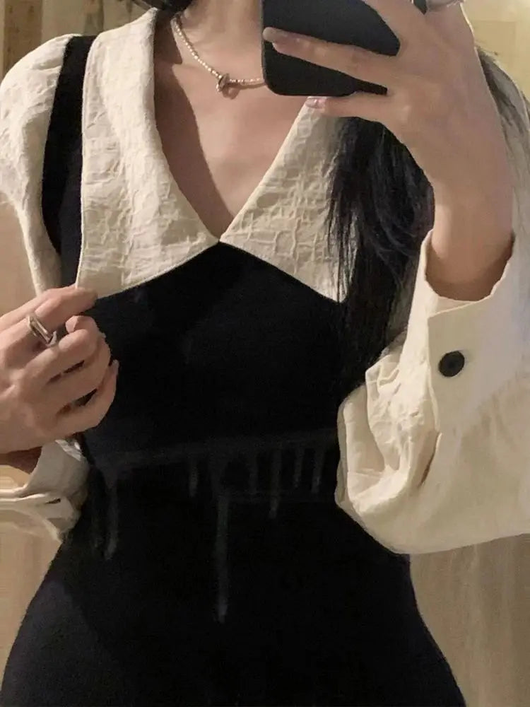 Hnewly Preppy Long Sleeve Mini Dresses for Women Korean Fashion Style Cute Sexy Peter Pan Collar A-line Fake 2 Pcs Casual Vestidos Chic