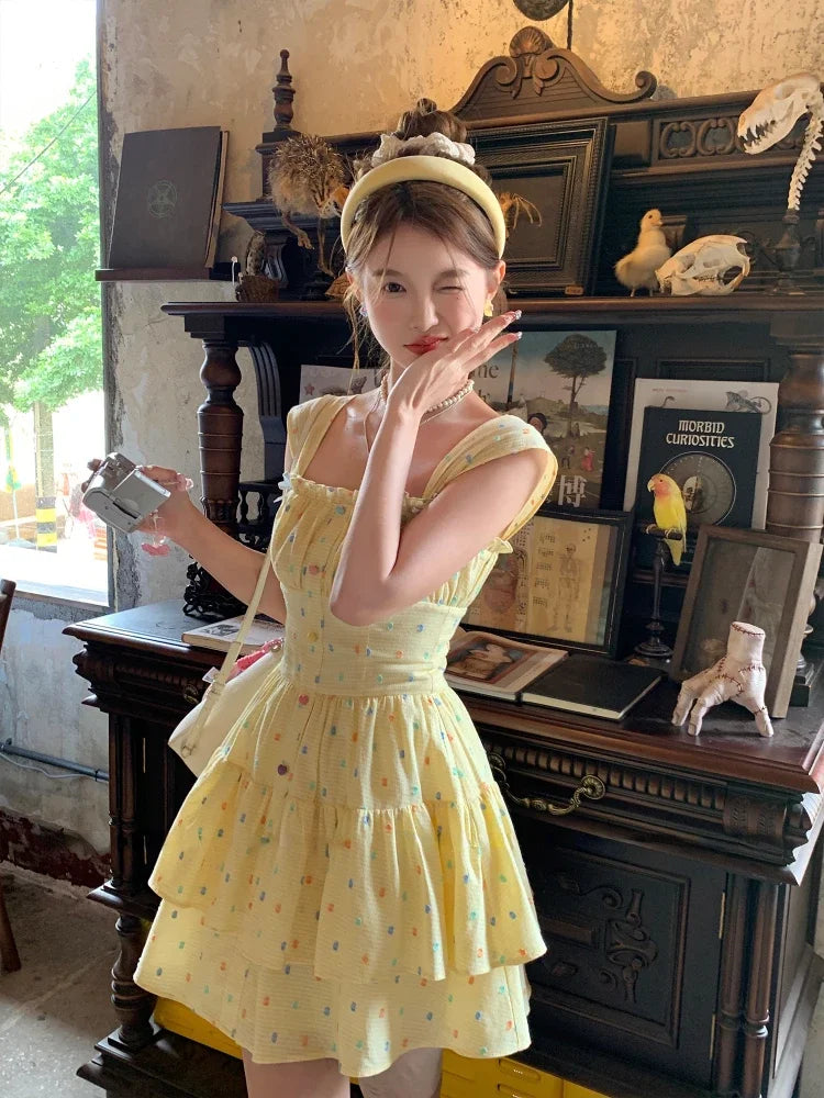 Hnewly Lolita Kawaii Y2k Colorful Dot Print Dress Women Sweet Sleeveless Mini Dress Outwear One Piece Dress Korean Fashion Clothing