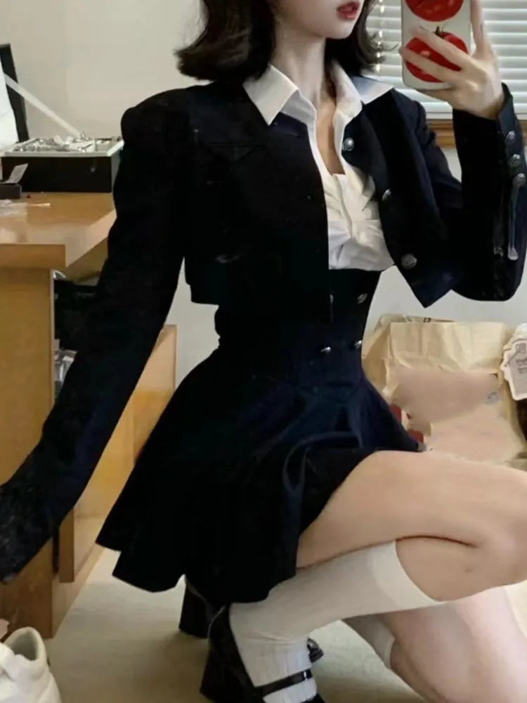 Hnewly 2025 spring fashion trend Korean Women Cropped Coat Long Sleeve Shirt High Waist Halter Ruffles Mini Dress Chic Fashion Sexy Outfits Y2K 3 Piece Set  New