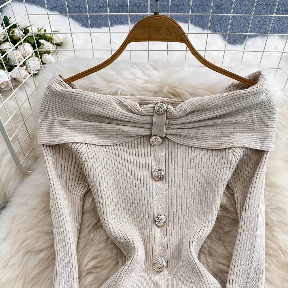 Hnewly Ins Fashion Women Christmas Red Party Dress High Waist Off Shoulders Long Sleeve Front Split Knitted Dress Bodycon Robe