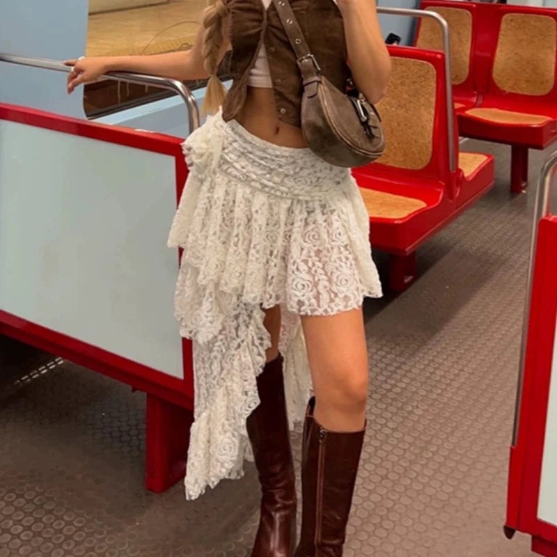 Hnewly  Boho Elegant Lace Skirt Women Tulle Vintage White Skirts Irregular Layered Street Summer Short Mid Skirt Korean Fashion