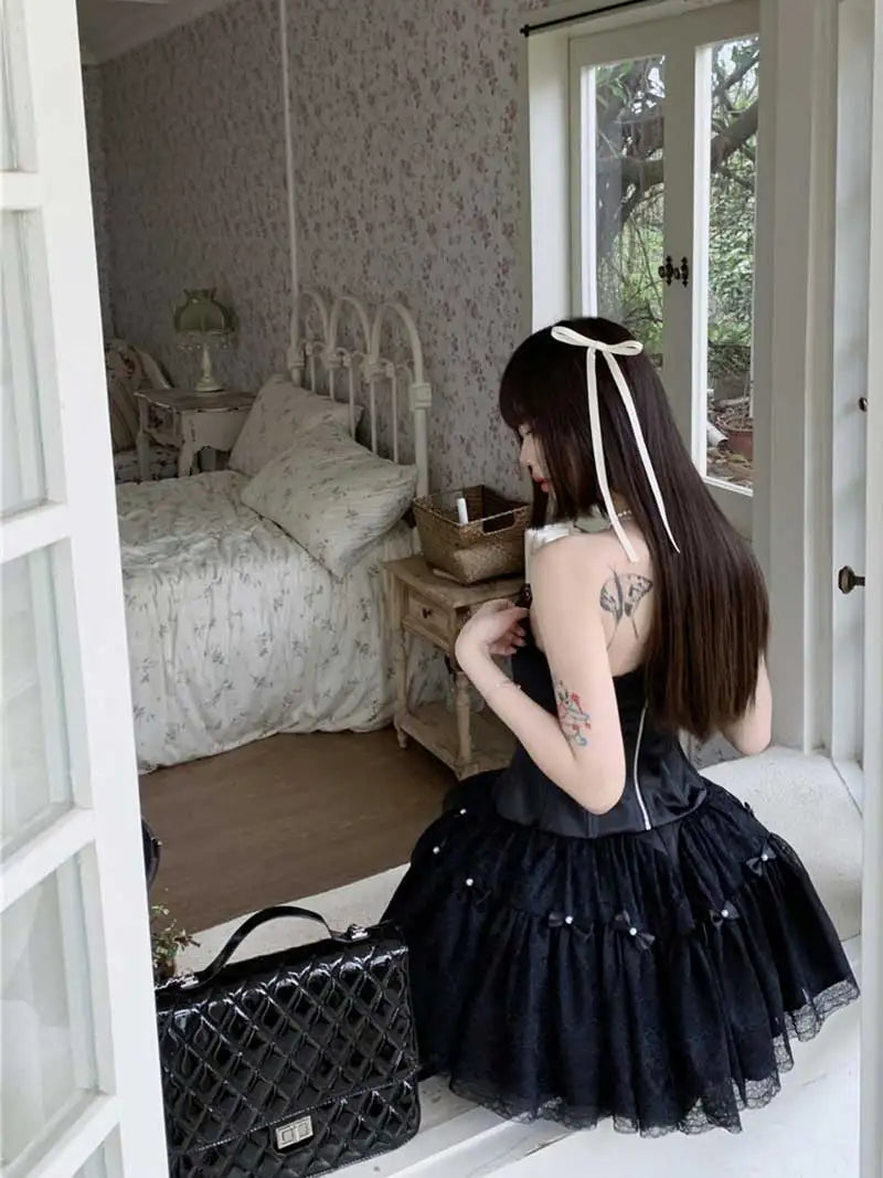 Hnewly DRESS TO IMPRESS Women Corset Top Tulle Tutu Underskirt 3-piece Set Lace-up Boned Tube Top Bow Stitch Puffy Mini Skirt Retro Black Suit