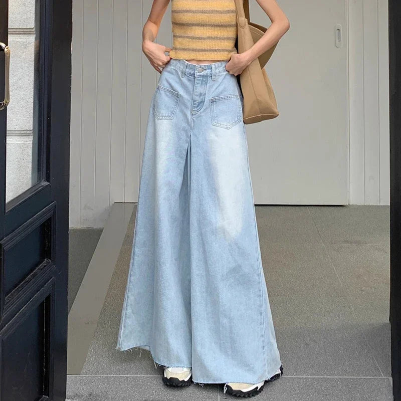 Hnewly outfit ideas Woman High Waist Vintage Designer Wide Leg Jeans Female Gothic Loose Straight Leg Pants Girls Blue Light Blue Denim Trousers