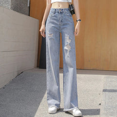 Hnewly  Korean Solid High Waist Ripped Women Jeans Fashion Casual Straight Ladies Denim Pants All Match New Pockets Female Pants