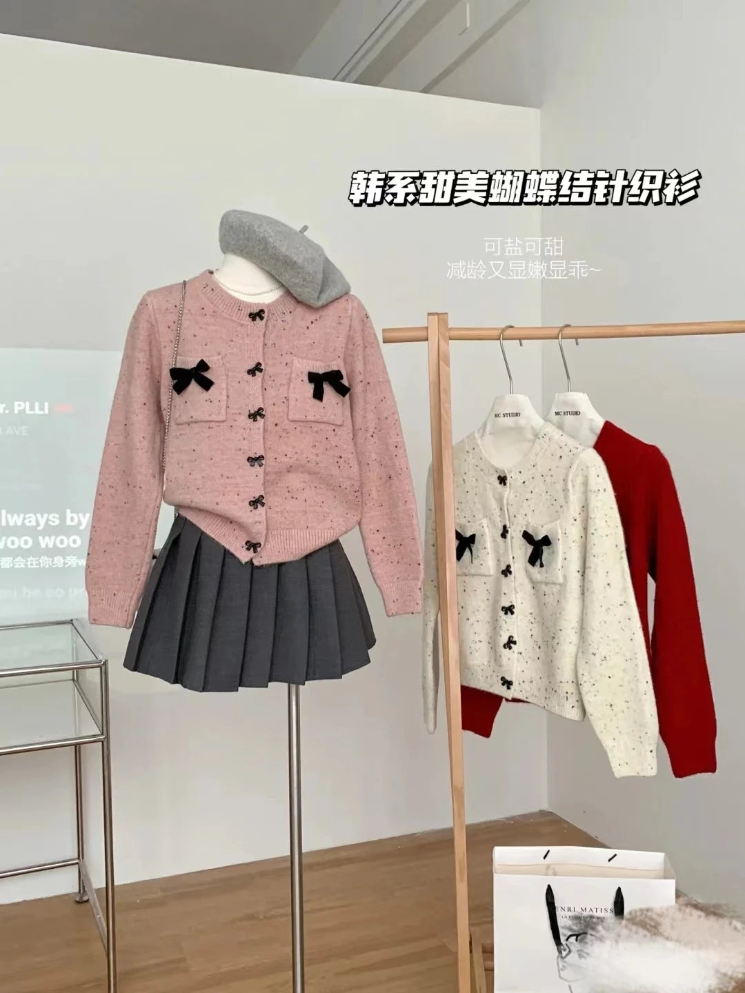 Hnewly  Korean Spring Autumn Bow Sweater  Single Breasted O-Neck  Chic Dot Knitted Cardigans Fashion Casual Long Sleeve Outerwear Top