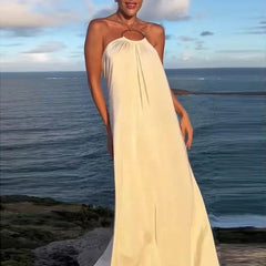 Hnewly  Ladies Casual Hanging Neck Hollow Solid Color Dress Summer Loose Swing Vacation Dress Sexy Backless Hollow Out Robe Dresses