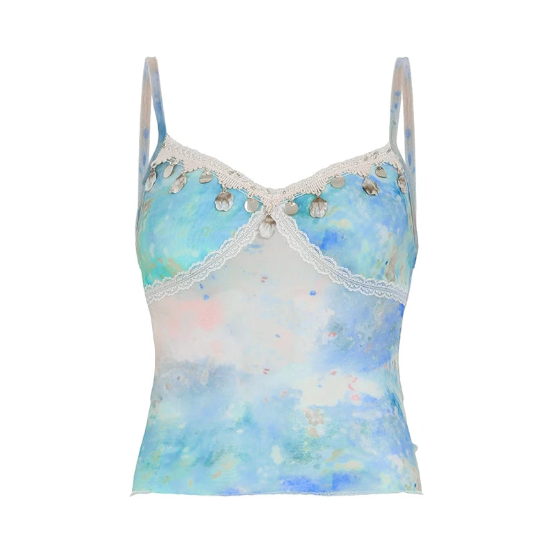 Hnewly Summer Holiday Kawaii Camis Cute Coquette Lace Stitching Mesh See Through Crop Tops Women Transparent Tees y2k Aesthetic