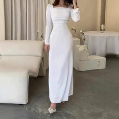 Hnewly  Square collar long sleeved new dress high waist solid color fashionable dress pleated slim fit high waist casual long dress