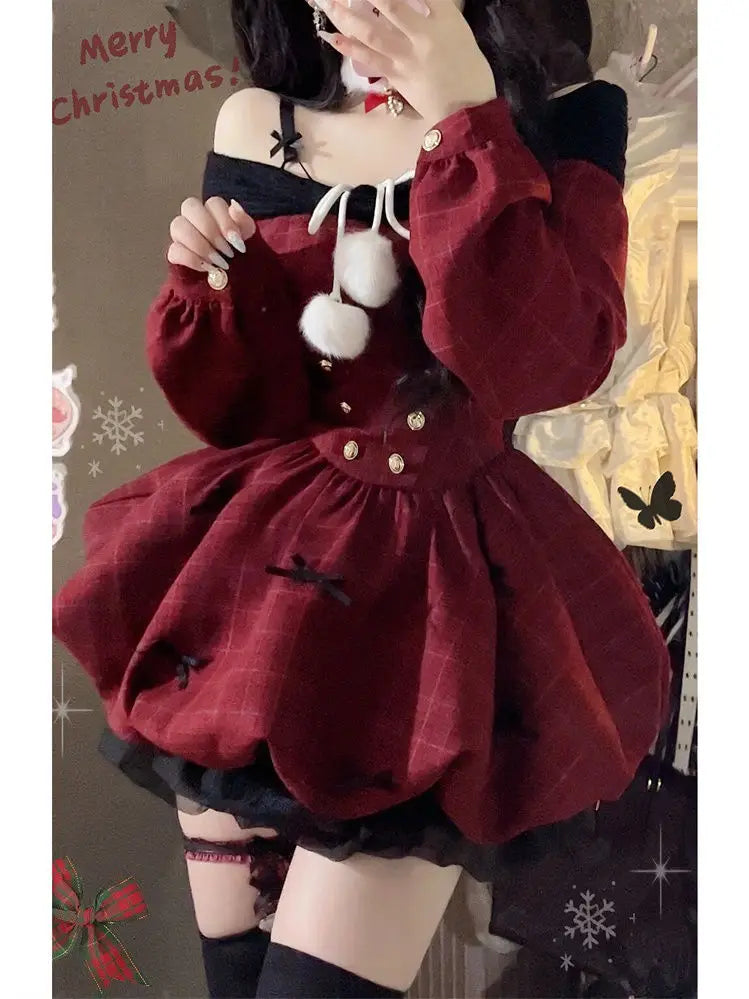 Hnewly DRESS TO IMPRESS Christmas Red Sweet Y2k Patchwork Women's Party Dress Slash Neck Long Sleeve Autumn Winter Ball Gown Dresses for Holiday