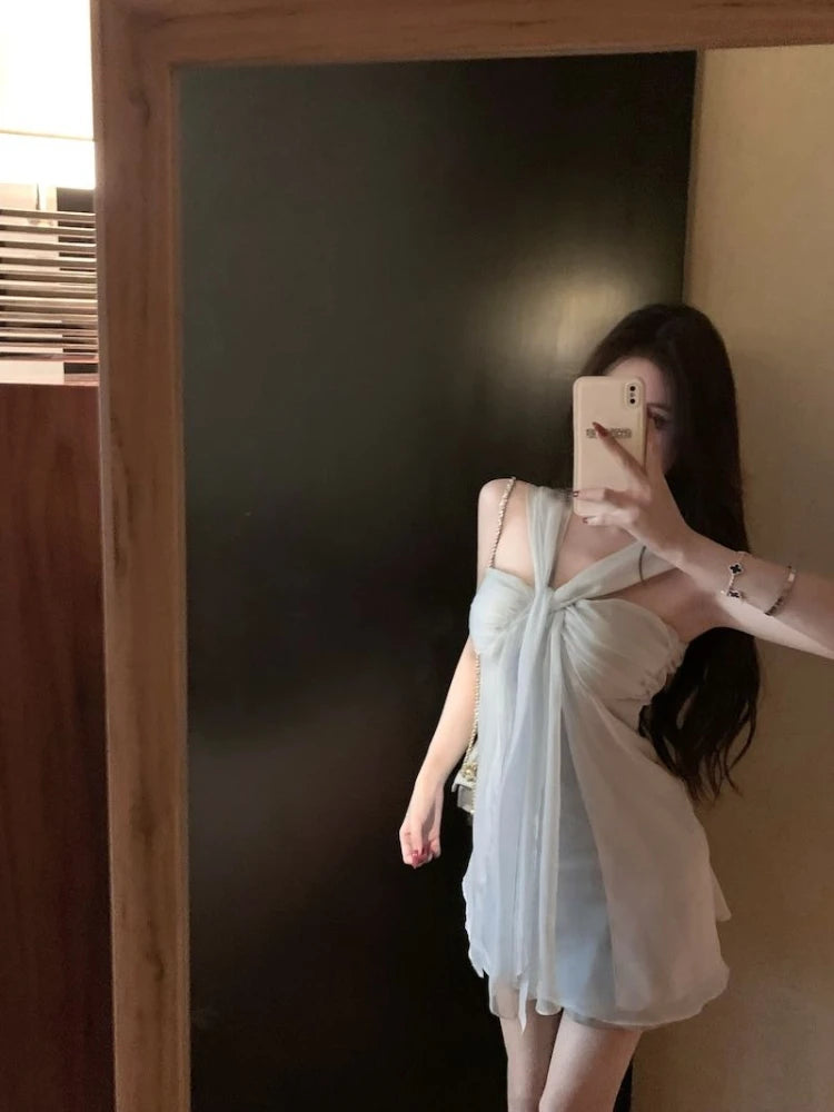 Hnewly  Mini Dresses Women Sleeveless Sexy Halter Backless Summer Fashion Solid Party Dress Sweet Elegant Female Casual