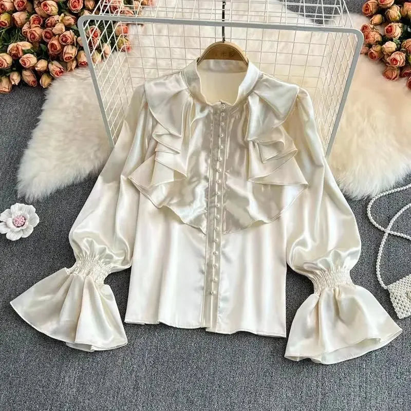 Hnewly Vintage Solid Blouses Women Elegant Acetate Satin Stand Collar Flare Sleeve Design New Chic Sweet Loose Ruffles Female Mujer