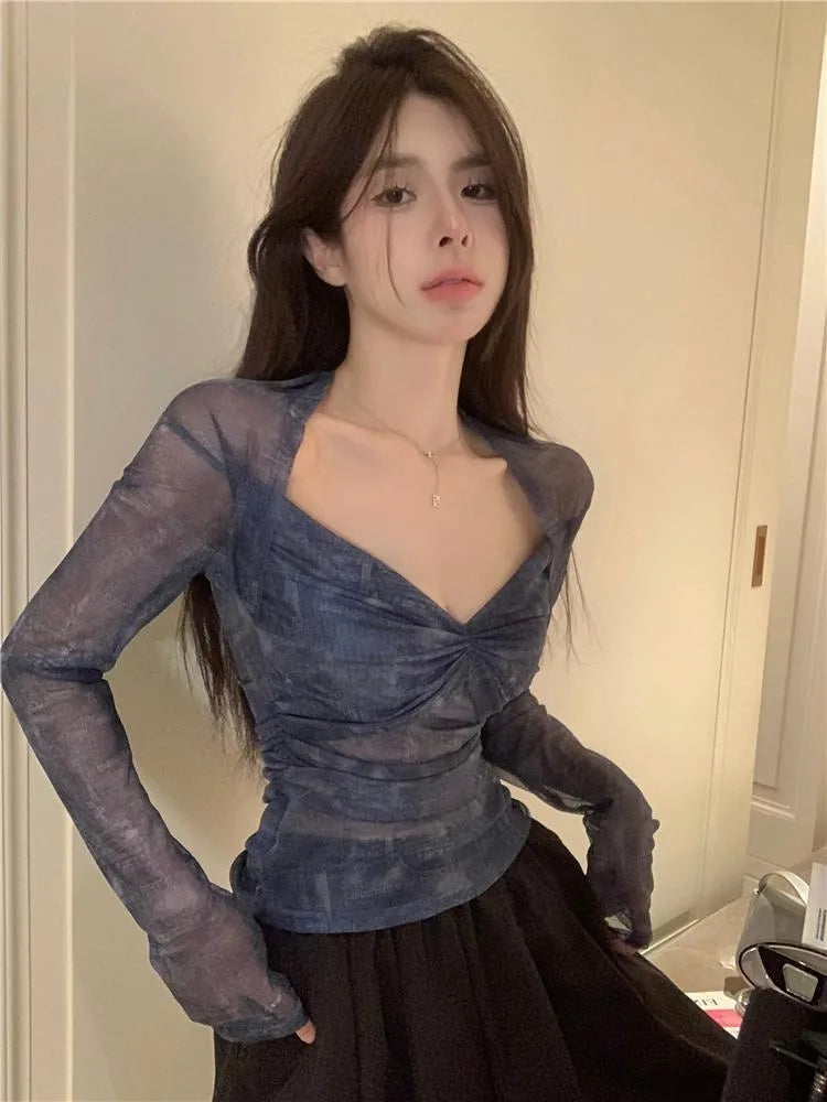 Hnewly  Vintage V-neck Ruched Thin Mesh Tee Shirt Summer New Slim Fit Tops Women Y2k Grunge Long Sleeve Sun Protection T-shirts