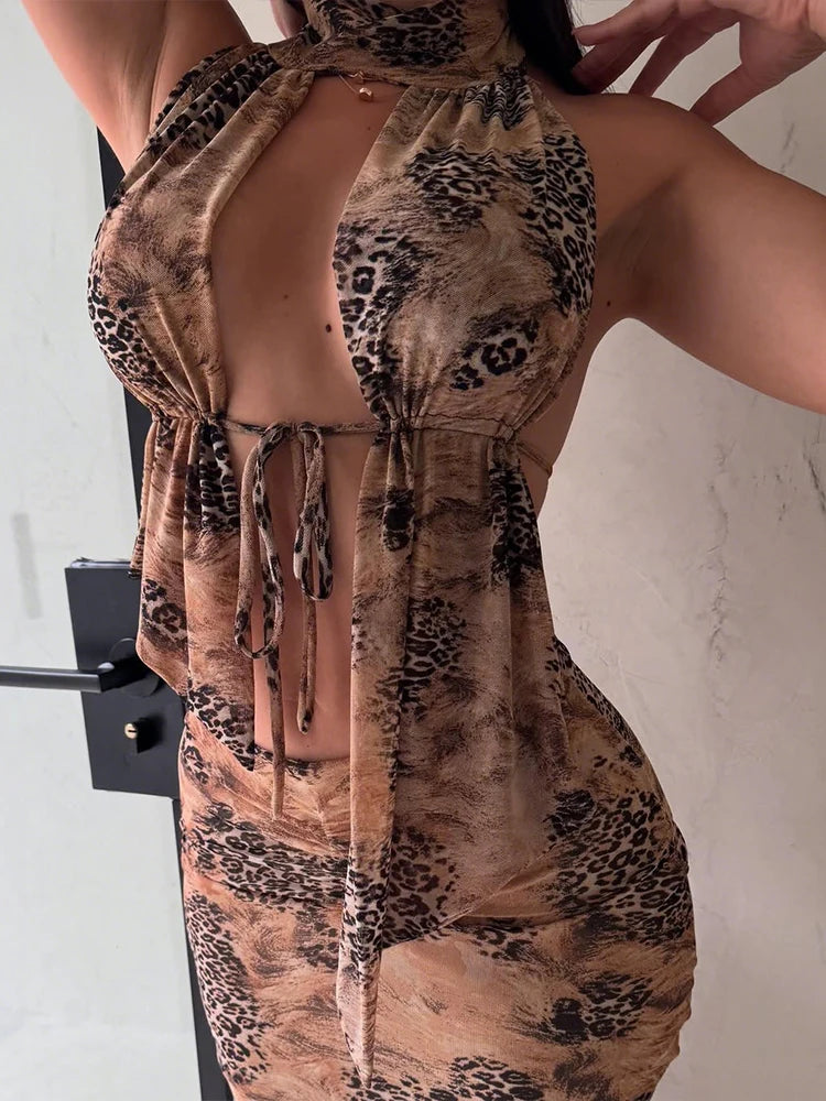 Hnewly  Tie-Dye Fashion 2 Piece Set Women Halter Turtleneck Ruffles Backless Tops+Ruched Skirts Vacation Beach Party Outfits