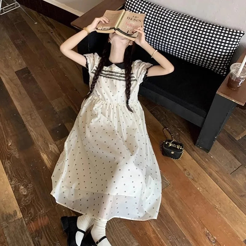 Hnewly  Women Dresses Women Lace Patchwork Peter Pan Collar Polka Dot Puff Short Sleeve Summer Fashion Sweet Elegant Dress