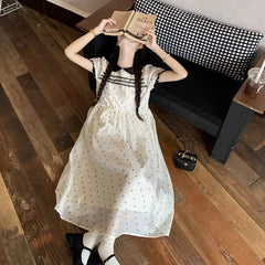 Hnewly  Women Dresses Women Lace Patchwork Peter Pan Collar Polka Dot Puff Short Sleeve Summer Fashion Sweet Elegant Dress