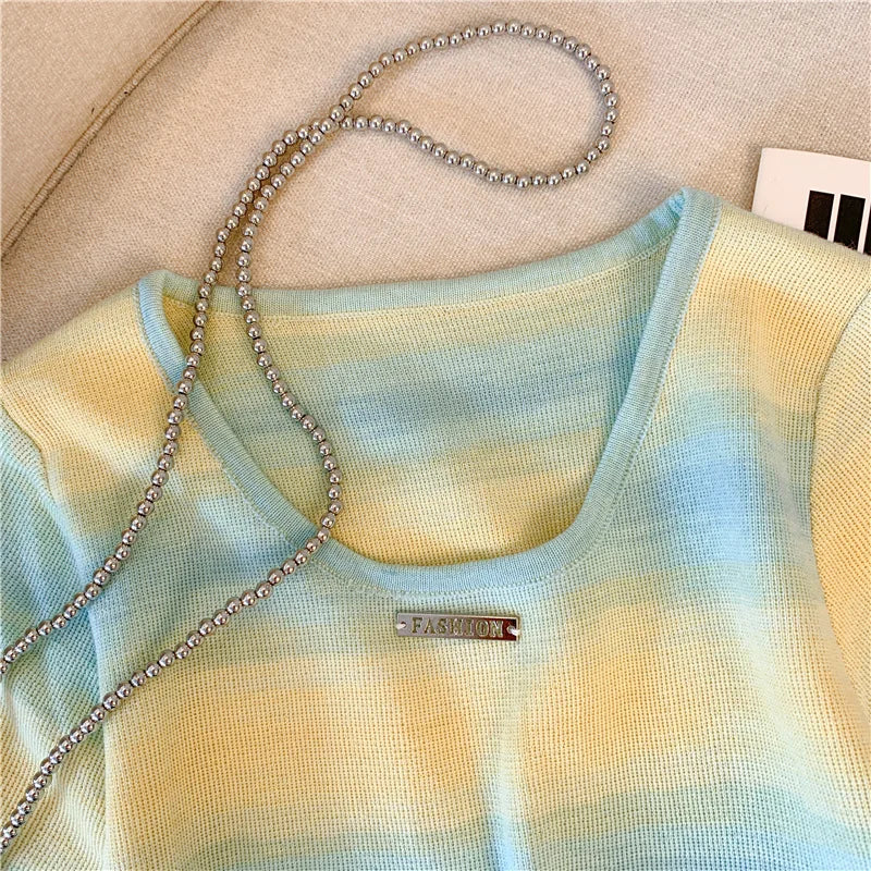 Hnewly  Contrast Striped T-shirt For Women's Summer Knitted Short Sleeved Tee  Cool Girls Fashion High Street Square Collar Short Top