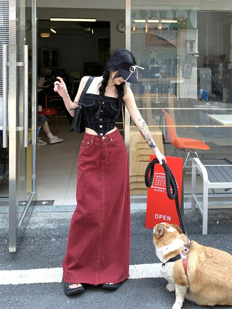 Hnewly Women's Red Split Back Denim Skirt Summer Chic Design Street Style Solid Color Female Straight Floor Length Long Skirts
