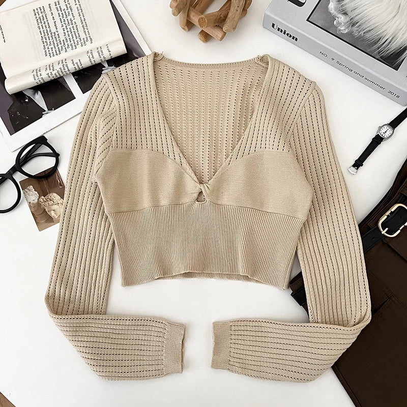 Hnewly  Rib Knit Crop Top with Keyhole Criss-Cross Front Long Sleeve V-Neck Short Sweater Pullovers Women Teen-girl Y2K 90s Outfit