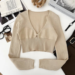 Hnewly  Rib Knit Crop Top with Keyhole Criss-Cross Front Long Sleeve V-Neck Short Sweater Pullovers Women Teen-girl Y2K 90s Outfit