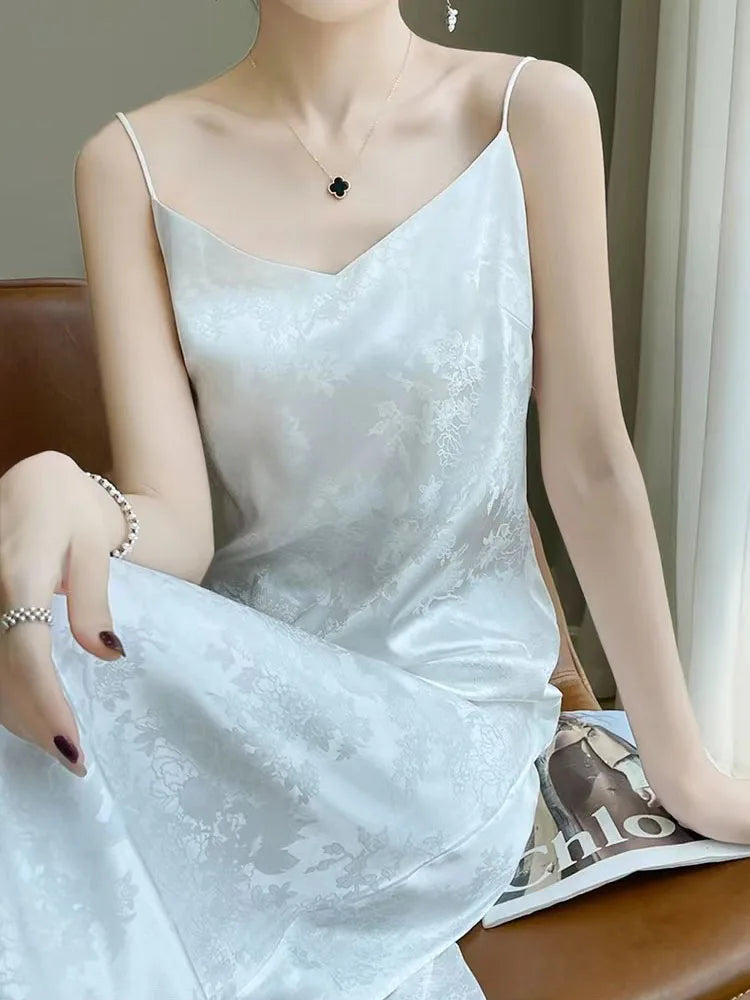 Hnewly Satin Jacquard Slip Dress for Women Summer Sexy Hollow Out Sleeveless Midi Dress Y2K Korean Elegant Beach Party Vestidos New