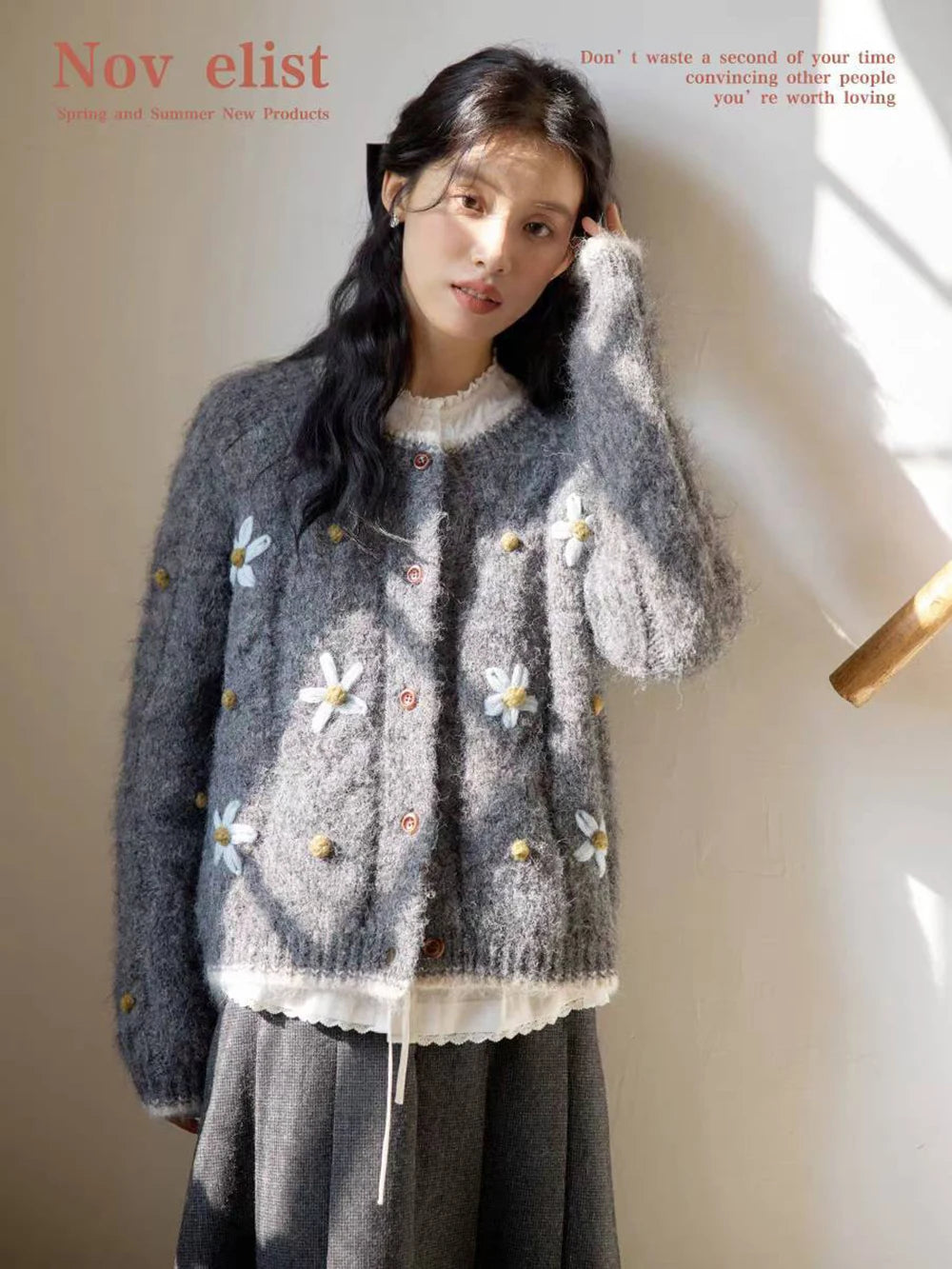 Hnewly  Flower Embroidery Knitted Sweater Cardigan 2025 Spring Autumn Soft Single-breasted Top Women Korean Style Loose Long Sleeve Coat