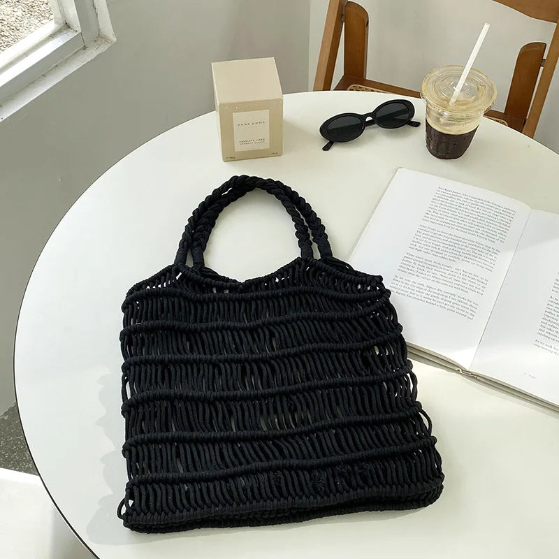 Hnewly  Fashion Mesh Beach Bags For Women Summer Cotton Woven Shoulder Purse Handbag Beach Tote Bag Vacation