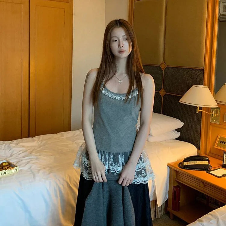 Hnewly Fashion White Lace Splice Sleeveless Camisole Tank Top Spring Autumn New Design Women's Cami Vest