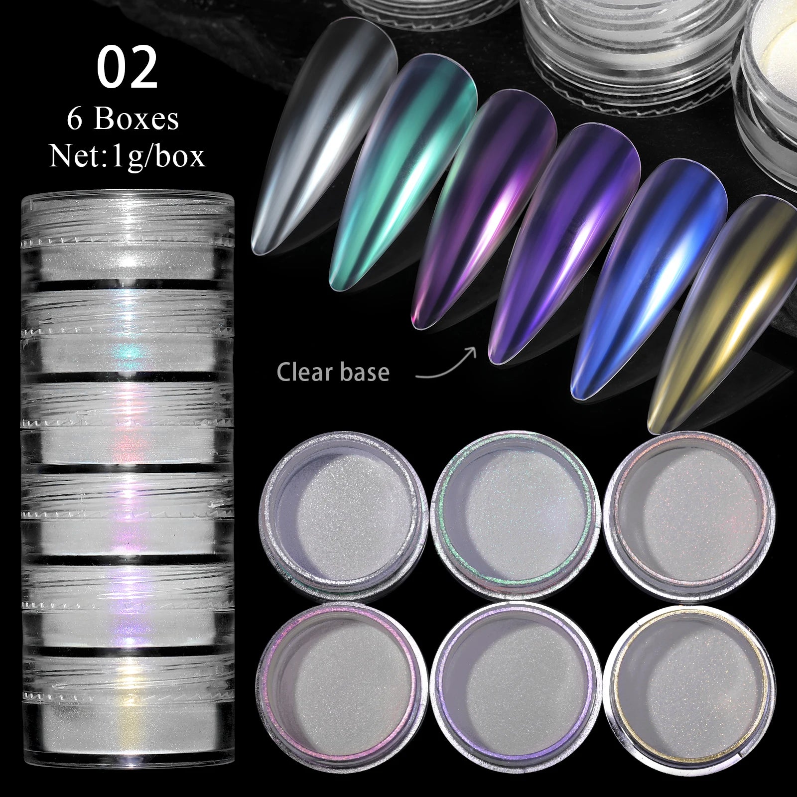 Hnewly 6Box/set Glitter Mirror Dust Nail Powder Chameleon Aurora Metallic Effect Pigments Laser For UV Gel Nail DIY Manicure Decoration
