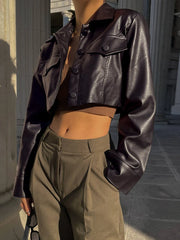 Hnewly  Women's Y2K Short Jacket Faux Leather Turn-down Collar Button Decorated PU Grunge Street Casual Fashion Coat