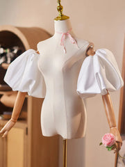 Hnewly  Puff Sleeve Covers Evening Gown Handmade DIY Satin White Host Annual Meeting Accessories Runway Show Photos Princess