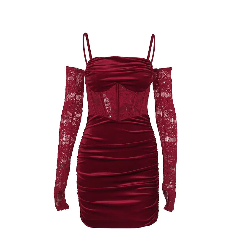 Hnewly  Velvet Y2k Ruched Elegant Corset Dresses Gothic Lace Patches Sheer Sling Party Dress Red Black Ladies Backless Clothes