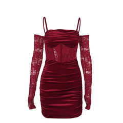 Hnewly  Velvet Y2k Ruched Elegant Corset Dresses Gothic Lace Patches Sheer Sling Party Dress Red Black Ladies Backless Clothes
