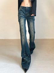 Hnewly Vintage Low Waist Flare Jeans Women Y2K Chic Rivet Slim Pencil Jean Pants Streetwear Fashion Retro Denim Trouser Korean