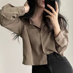 Hnewly Shirts Women Korean Style Vintage Fashion Turn-down Collar All-match Design Single Breasted Crop Top BF Ladies Harajuku Leisure