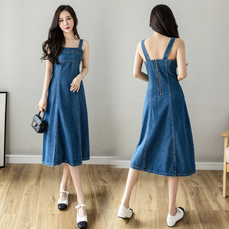 Hnewly  Denim Spaghetti Strap Dress New Summer Women's Retro Strap A-Line Dress Classic Blue Tea-Length Versatile Slim Sun Dresses