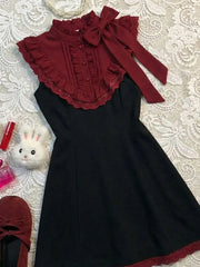 Lunivop  Vintage Classic Burgundy Lace Stand Collar Flutter Sleeve Short Dress Women Elegant Waist Fit Harajuku Summer Streetwear Outfit