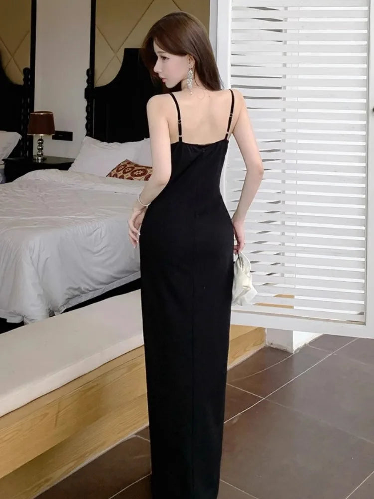 Hnewly  Woman Dress Sleeveless Hollow Out Sexy Elegant Slim Split Lace Patchwork V Neck Backless Party Dresses Female Fashion