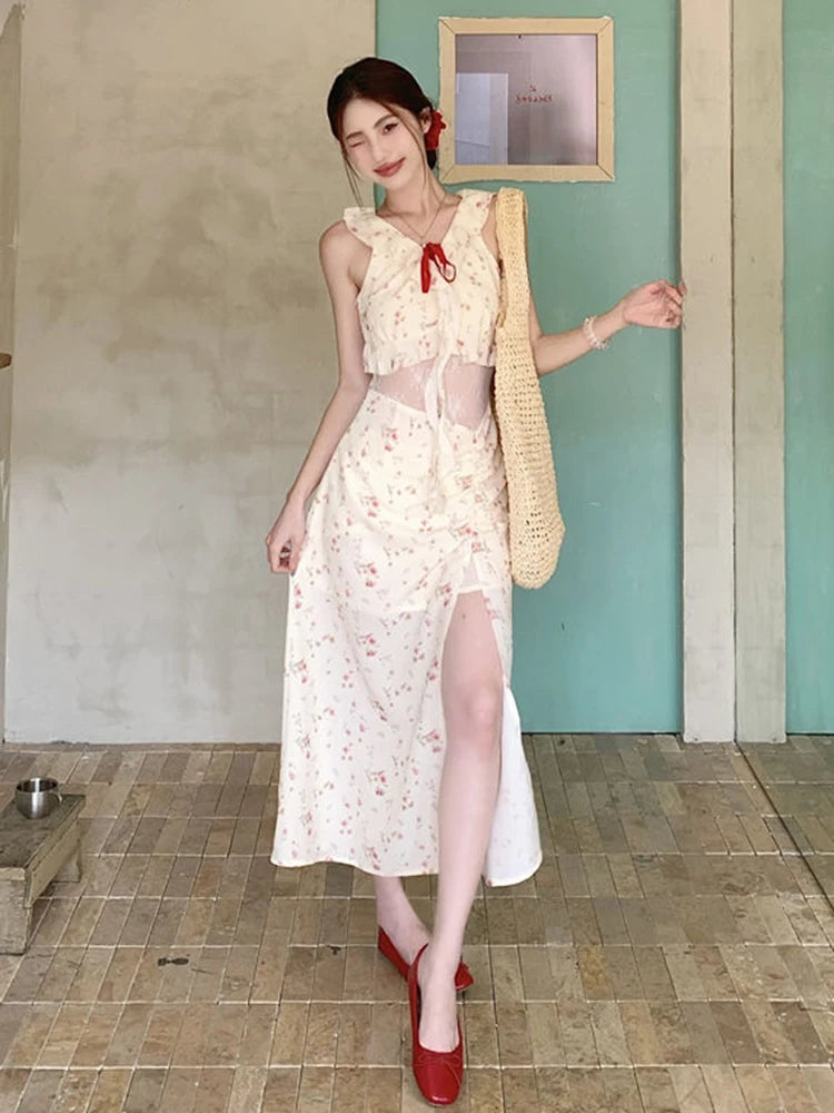 Hnewly Sweet Floral Patchwork Dress for Women Summer Elegant Ruffled Slit Dress Y2K Fashion Lace Up Bow Beach Vacation Party Vestidos