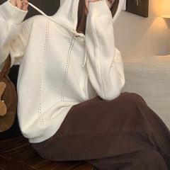 Hnewly  Pointelle Knit Hooded Sweater for Women Long Sleeve Pullover Sweater Hoodie Cosy Knitwear Teen-girl Autumn Winter Casual Outfit