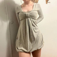 Hnewly  Elegant Sweet Bow Patchwork Fake Two Piece Dresses Sexy Square Collar Dress for Women Long Sleeve Loose Vestidos Femininos