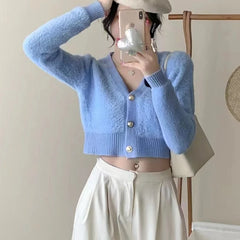 Hnewly  Fuzzy Knit Sweater Cardigan Women  Long Sleeve V-Neck Button Front Short Shrug Cardigan Teen-girl Fall Winter Y2K Outfit