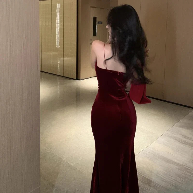 Hnewly Vintage Sexy Club Prom Red Dresses for Women Spaghetti Strap Slit Velvet Dress Beach Bandage Bodycon Midi Dress Party Elegant