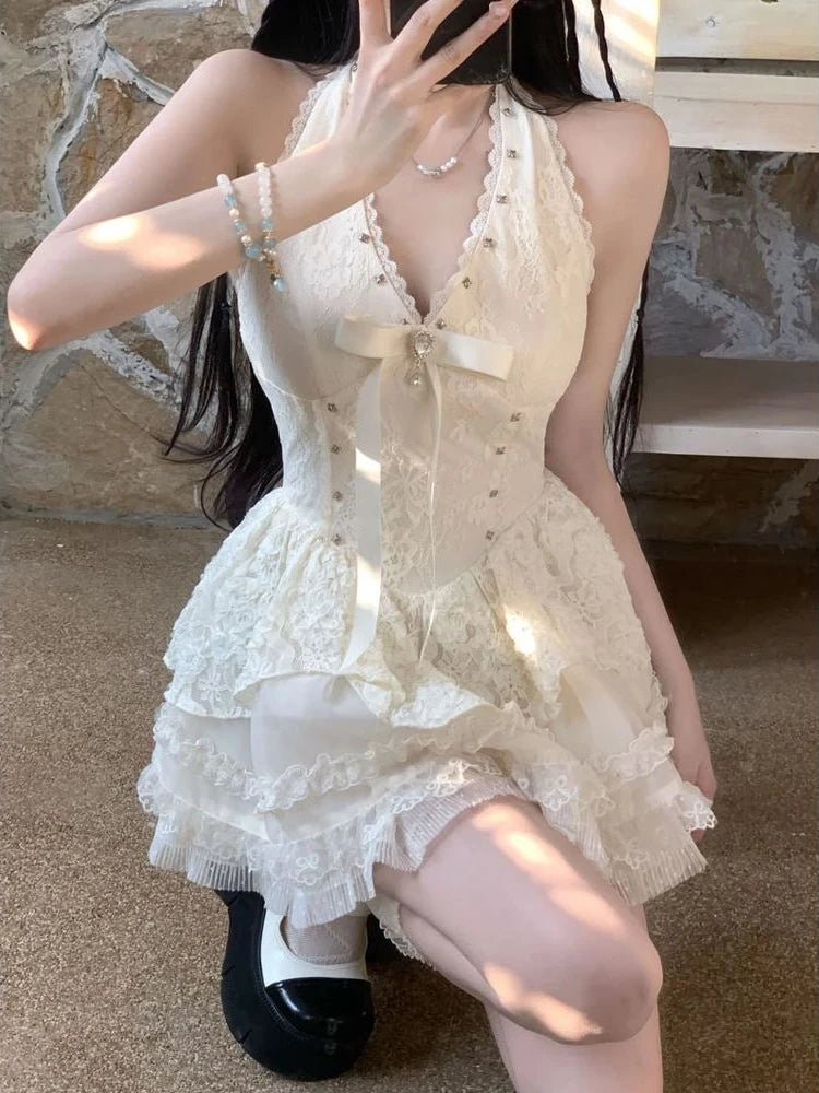 Hnewly Elegant Sweet 2 Piece Skirt Sets Female Lace Pleated Y2k Crop Top + Cute Mini Cake Skirts Japanese Lolita Vintage Suits Summer