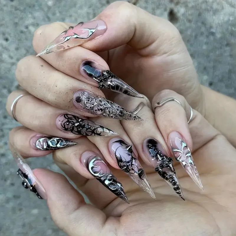 Hnewly 24Pcs French Almond False Nails Glitter with Rhinestones Wearable Fake Nails Artificial Simple Full Cover Press on Nails Tips