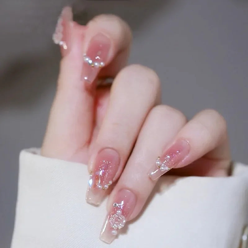 Hnewly 24Pcs False Nails French Gradient Ballet Fake Nails Press on Nails Black Heart Rhinestone Design Glitter Full Cover Nail Tips