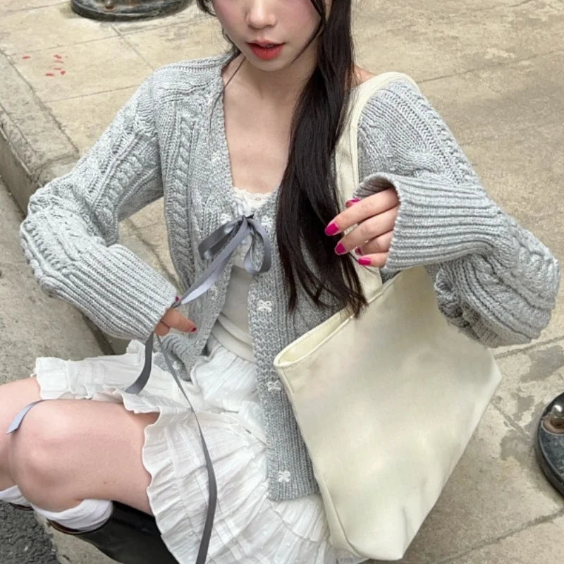 Hnewly Fairycore Sweater y2k Clothes Women Solid Color V Neck Long Sleeve Cardigan Knitted Tops 2000s Clothing Streetwear