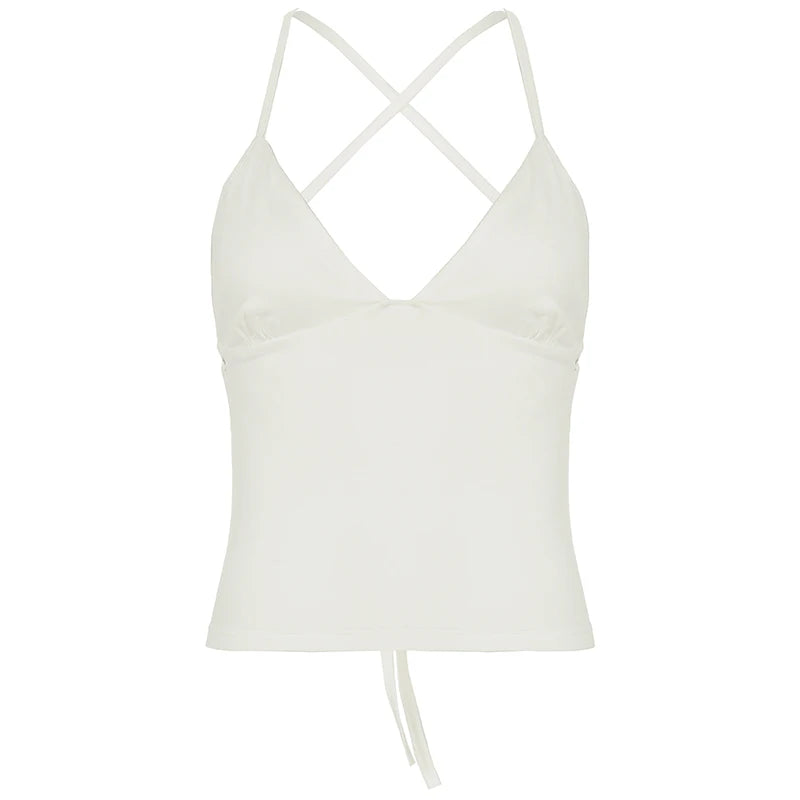Hnewly Summer Solid Hollow Out Backless Camis Women Casual Sleeveless Lace-up Cropped Tops Sexy V-neck Skinny Tees y2k Harajuku