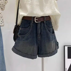Hnewly  New Retro Rolled Denim Shorts 2025 Women's High Waisted Loose Straight Leg A-line Wide Leg Pants Chic Pocket Hot Jean Pants