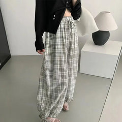Hnewly  Summer Casual Plaid Long Pants for Women Drawstring Wide-Leg Pants Woman Loose Cotton Sports Pants for Women