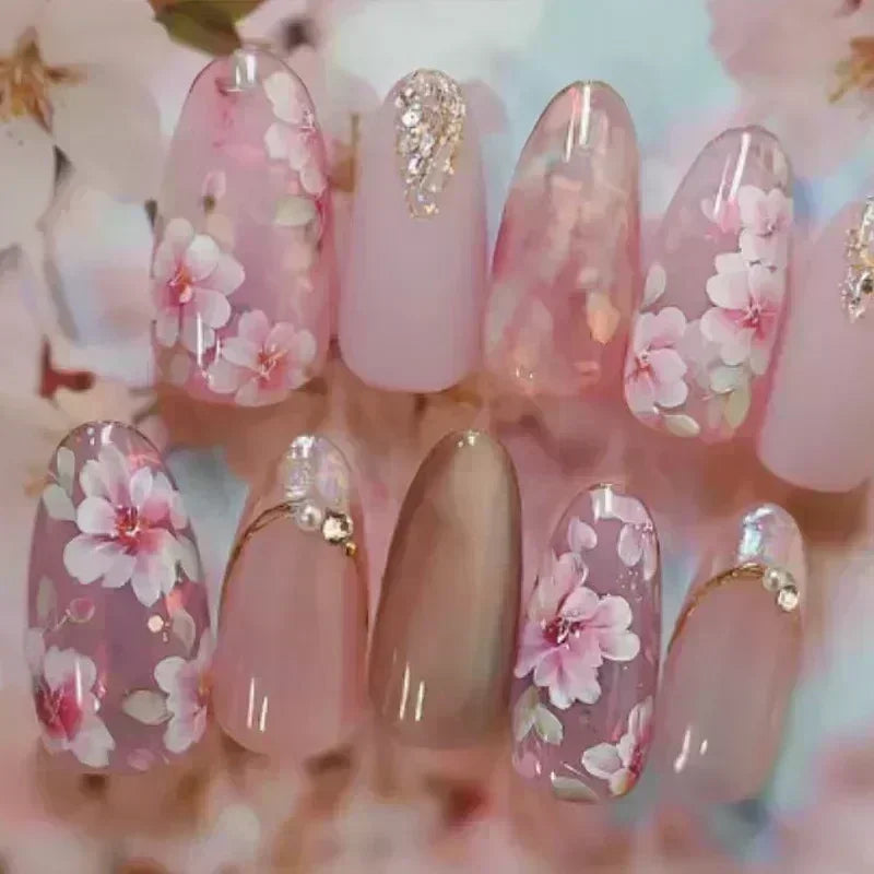 Hnewly 24pcs Detachable Flower Almond bowknot French False Nails Stars Love Glitter Design Press on Nails Fake Nials DIY Manicure Nails